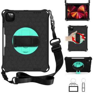 For iPad Pro 11 2022 / 2021 / 2020 / 2018 360 Degree Rotation Honeycomb Shockproof Silicone PC Protective Tablet Case with Holder & Shoulder Strap & Hand Strap(Black Mint Green)