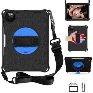 360 Degree Rotation Honeycomb Shockproof Silicone PC Protective Tablet Case with Holder & Shoulder Strap & Hand Strap For iPad Pro 11 (2021) / (2020) / (2018)(Black Blue)