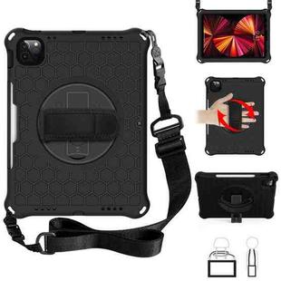 For iPad Pro 11 2022 / 2021 / 2020 / 2018 360 Degree Rotation Honeycomb Shockproof Silicone PC Protective Tablet Case with Holder & Shoulder Strap & Hand Strap(Black)