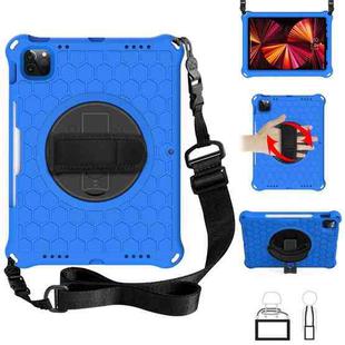 For iPad Pro 11 2022 / 2021 / 2020 / 2018 360 Degree Rotation Honeycomb Shockproof Silicone PC Protective Tablet Case with Holder & Shoulder Strap & Hand Strap(Blue Black)