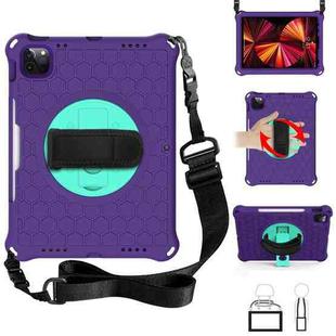 For iPad Pro 11 2022 / 2021 / 2020 / 2018 360 Degree Rotation Honeycomb Shockproof Silicone PC Protective Tablet Case with Holder & Shoulder Strap & Hand Strap(Purple Mint Green)