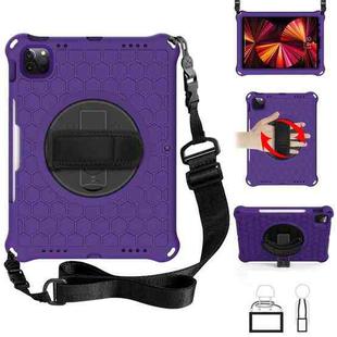 For iPad Pro 11 2022 / 2021 / 2020 / 2018 360 Degree Rotation Honeycomb Shockproof Silicone PC Protective Tablet Case with Holder & Shoulder Strap & Hand Strap(Purple Black)