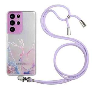 For Samsung Galaxy S21 Ultra 5G Hollow Marble Pattern TPU Shockproof Protective Case with Neck Strap Rope(Pink)
