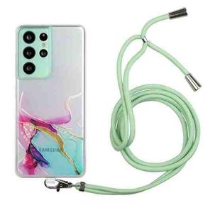 For Samsung Galaxy S21 Ultra 5G Hollow Marble Pattern TPU Shockproof Protective Case with Neck Strap Rope(Green)