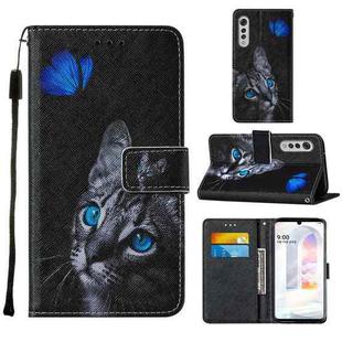 For LG Velvet 2 Pro Cross Texture Painting Pattern Horizontal Flip Leather Case with Holder & Card Slots & Wallet & Lanyard(Blue Butterfly Cat Eyes)