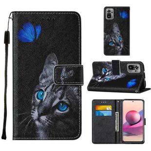 For Xiaomi Redmi Note 10S / Note 10 4G Cross Texture Painting Pattern Horizontal Flip Leather Case with Holder & Card Slots & Wallet & Lanyard(Blue Butterfly Cat Eyes)