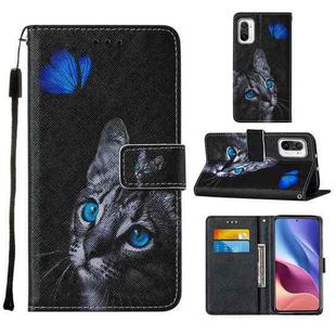 For Xiaomi Mi 11i / Poco F3 / Redmi K40 / Redmi K40 Pro Cross Texture Painting Pattern Horizontal Flip Leather Case with Holder & Card Slots & Wallet & Lanyard(Blue Butterfly Cat Eyes)
