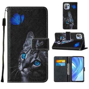 For Xiaomi Mi 11 Lite Cross Texture Painting Pattern Horizontal Flip Leather Case with Holder & Card Slots & Wallet & Lanyard(Blue Butterfly Cat Eyes)