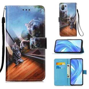 For Xiaomi Mi 11 Lite Colored Drawing Pattern Plain Weave Horizontal Flip Leather Case with Holder & Card Slot & Wallet & Lanyard(Mirror Cat)