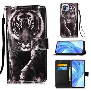 For Xiaomi Mi 11 Lite Colored Drawing Pattern Plain Weave Horizontal Flip Leather Case with Holder & Card Slot & Wallet & Lanyard(Black And White Tiger)