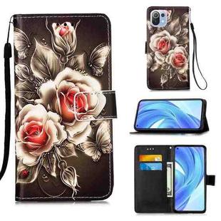 For Xiaomi Mi 11 Lite Colored Drawing Pattern Plain Weave Horizontal Flip Leather Case with Holder & Card Slot & Wallet & Lanyard(Roses On Black)