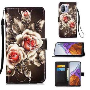 For Xiaomi Mi 11 Pro Colored Drawing Pattern Plain Weave Horizontal Flip Leather Case with Holder & Card Slot & Wallet & Lanyard(Roses On Black)