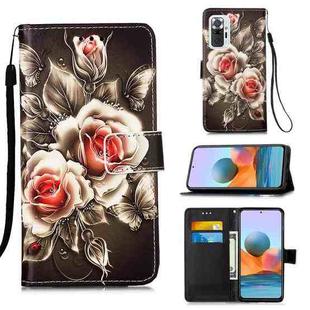 For Xiaomi Redmi Note 10 Pro / Note 10 Pro Max Colored Drawing Pattern Plain Weave Horizontal Flip Leather Case with Holder & Card Slot & Wallet & Lanyard(Roses On Black)
