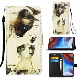 For Motorola Moto E7 Power Colored Drawing Pattern Plain Weave Horizontal Flip Leather Case with Holder & Card Slot & Wallet & Lanyard(Cat Looking)