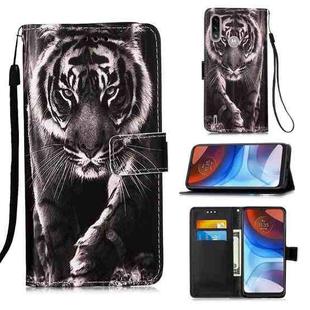 For Motorola Moto E7 Power Colored Drawing Pattern Plain Weave Horizontal Flip Leather Case with Holder & Card Slot & Wallet & Lanyard(Black And White Tiger)