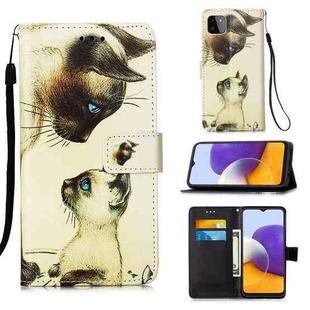 For Samsung Galaxy A22 5G  (US Version) Colored Drawing Pattern Plain Weave Horizontal Flip Leather Case with Holder & Card Slot & Wallet & Lanyard(Cat Looking)