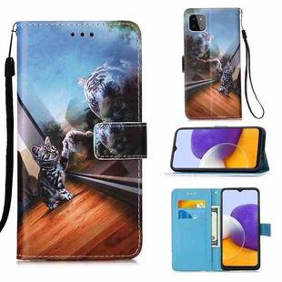 For Samsung Galaxy A22 5G  (US Version) Colored Drawing Pattern Plain Weave Horizontal Flip Leather Case with Holder & Card Slot & Wallet & Lanyard(Mirror Cat)