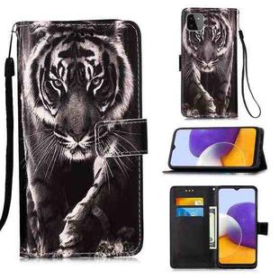 For Samsung Galaxy A22 5G  (US Version) Colored Drawing Pattern Plain Weave Horizontal Flip Leather Case with Holder & Card Slot & Wallet & Lanyard(Black And White Tiger)