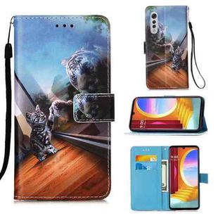 For LG Velvet 2 Pro Colored Drawing Pattern Plain Weave Horizontal Flip Leather Case with Holder & Card Slot & Wallet & Lanyard(Mirror Cat)