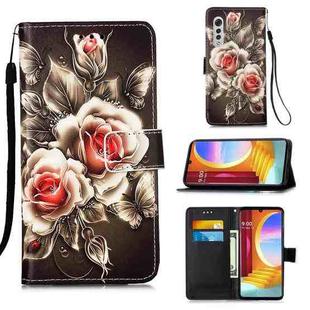 For LG Velvet 2 Pro Colored Drawing Pattern Plain Weave Horizontal Flip Leather Case with Holder & Card Slot & Wallet & Lanyard(Roses On Black)