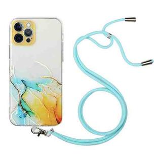 For iPhone 12 Pro Max Hollow Marble Pattern TPU Shockproof Protective Case with Neck Strap Rope(Yellow)