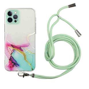 For iPhone 12 Pro Max Hollow Marble Pattern TPU Shockproof Protective Case with Neck Strap Rope(Green)