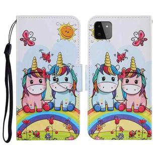 For Samsung Galaxy A22 5G Coloured Drawing Pattern Horizontal Flip PU Leather Case with Holder & Card Slots & Wallet & Lanyard(Couple Unicorn)