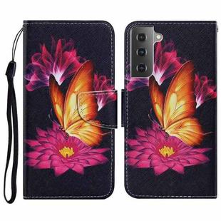 For Samsung Galaxy S21 FE Coloured Drawing Pattern Horizontal Flip PU Leather Case with Holder & Card Slots & Wallet & Lanyard(Big Golden Butterfly)
