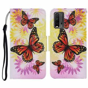 For Xiaomi Redmi 9T Coloured Drawing Pattern Horizontal Flip PU Leather Case with Holder & Card Slots & Wallet & Lanyard(Chrysanthemum Butterfly)