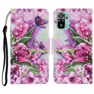 For Xiaomi Redmi Note 10 4G Coloured Drawing Pattern Horizontal Flip PU Leather Case with Holder & Card Slots & Wallet & Lanyard(Rose Butterfly)