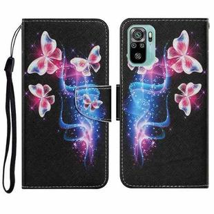 For Xiaomi Redmi Note 10 4G Coloured Drawing Pattern Horizontal Flip PU Leather Case with Holder & Card Slots & Wallet & Lanyard(Three Fluorescent Butterflies)