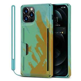 Watercolor Painted Armor Shockproof PC Hard Case with Card Slot For iPhone 12 Pro Max(Green Yellow)