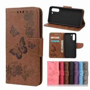 For Samsung Galaxy S21 FE Butterflies Embossing Horizontal Flip Leather Case with Holder & Card Slots & Wallet(Brown)
