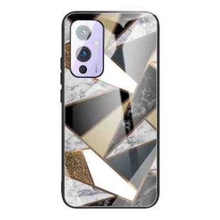 For One Plus 9 Abstract Marble Pattern Glass Protective Case(Rhombus Golden)