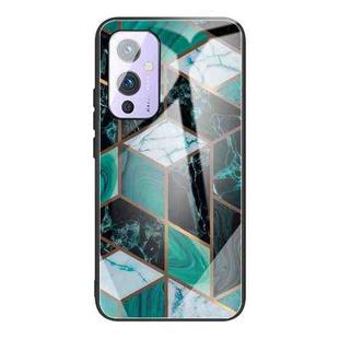 For One Plus 9 Abstract Marble Pattern Glass Protective Case(Rhombus Dark Green)