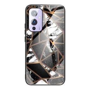 For One Plus 9 Abstract Marble Pattern Glass Protective Case(Rhombus Black)