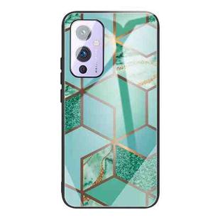 For One Plus 9 Abstract Marble Pattern Glass Protective Case(Rhombus Green)