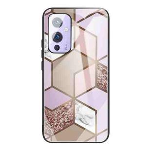 For One Plus 9 Abstract Marble Pattern Glass Protective Case(Rhombus Orange Purple)