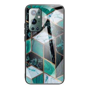 For One Plus 9 Pro Abstract Marble Pattern Glass Protective Case(Rhombus Dark Green)