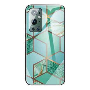 For One Plus 9 Pro Abstract Marble Pattern Glass Protective Case(Rhombus Green)
