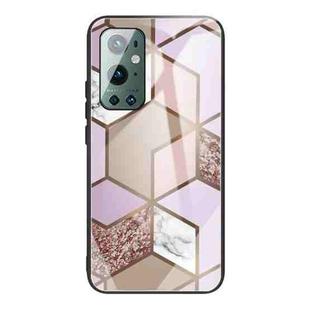 For One Plus 9 Pro Abstract Marble Pattern Glass Protective Case(Rhombus Orange Purple)