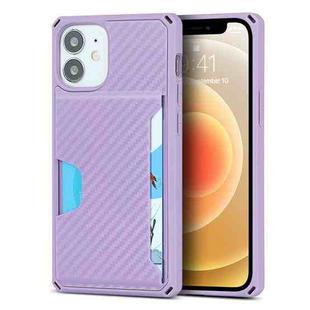 For iPhone 12 mini Carbon Fiber Armor Shockproof TPU + PC Hard Case with Card Slot Holder (Purple)