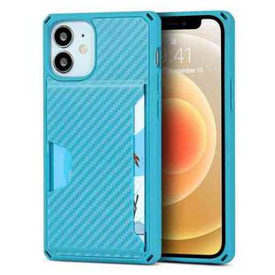 For iPhone 12 mini Carbon Fiber Armor Shockproof TPU + PC Hard Case with Card Slot Holder (Blue)