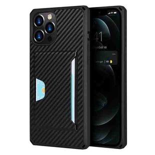 For iPhone 12 Pro Max Carbon Fiber Armor Shockproof TPU + PC Hard Case with Card Slot Holder(Black)