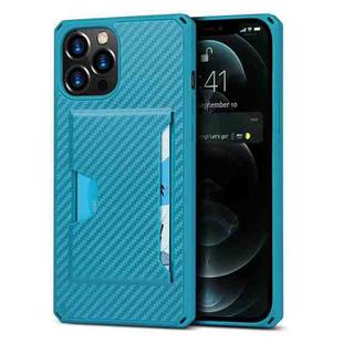 For iPhone 12 Pro Max Carbon Fiber Armor Shockproof TPU + PC Hard Case with Card Slot Holder(Blue)