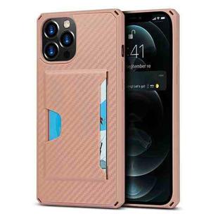 For iPhone 12 Pro Max Carbon Fiber Armor Shockproof TPU + PC Hard Case with Card Slot Holder(Rose Gold)