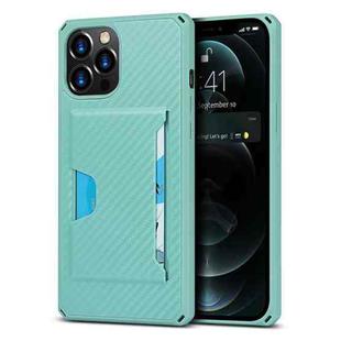For iPhone 12 Pro Max Carbon Fiber Armor Shockproof TPU + PC Hard Case with Card Slot Holder(Lake Green)