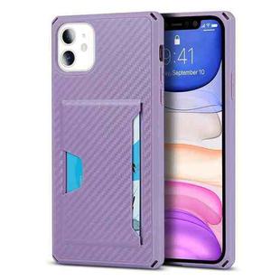 For iPhone 11 Carbon Fiber Armor Shockproof TPU + PC Hard Case with Card Slot Holder (Purple)