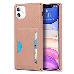 For iPhone 11 Carbon Fiber Armor Shockproof TPU + PC Hard Case with Card Slot Holder (Rose Gold)