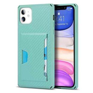 For iPhone 11 Carbon Fiber Armor Shockproof TPU + PC Hard Case with Card Slot Holder (Lake Green)